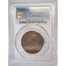 AUSTRALIA 1933/2 ONE 1 PENNY . VARIETY . OVERDATE . PCGS XF40